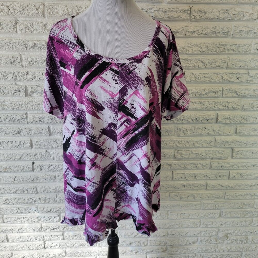Zim & Zoe Womens Plus Size 22/24 Purple Watercolor Ruffle Boat Neck Tee WAT32E